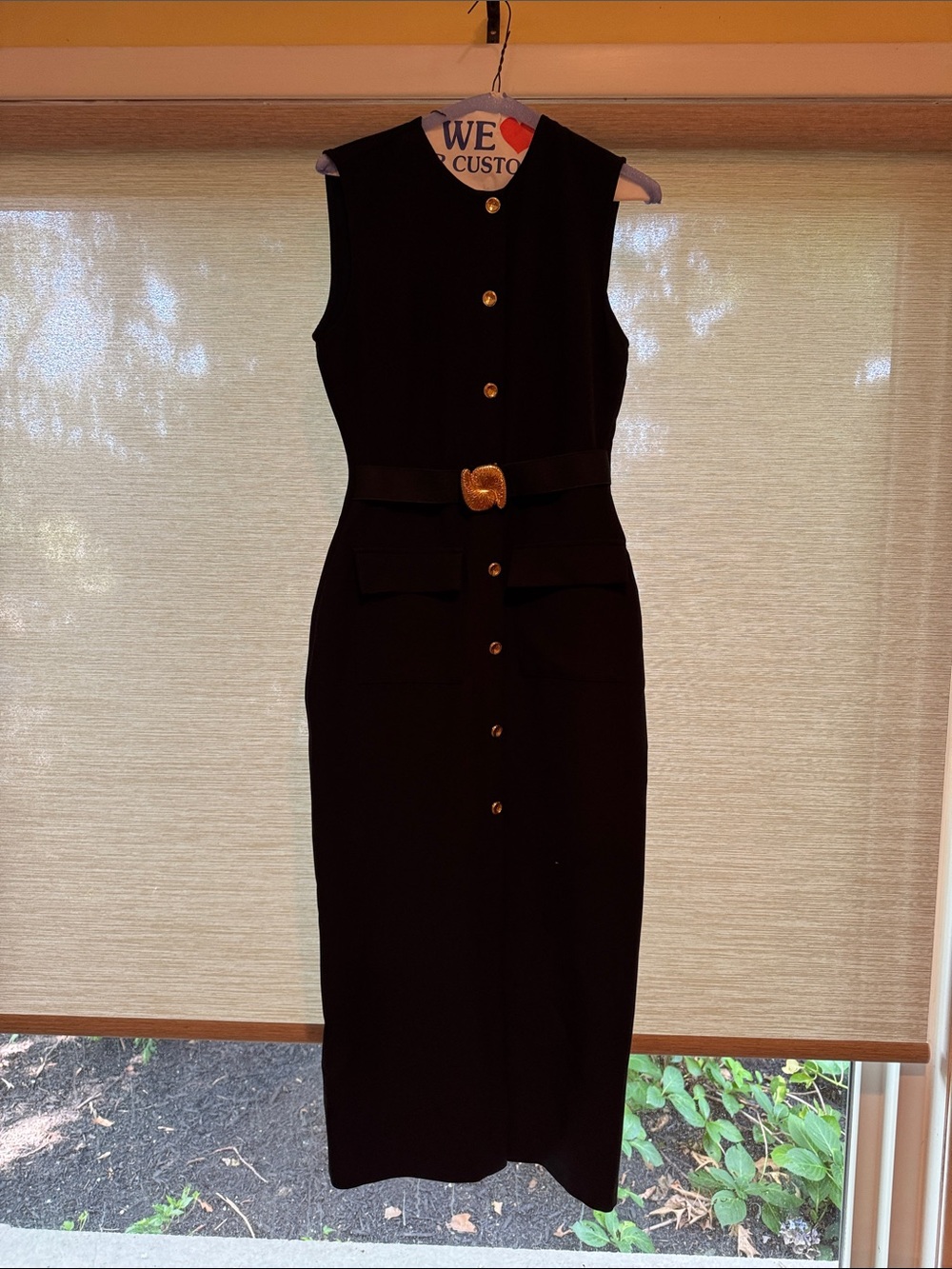NWOT Zara Black Sleeveless Button-Front Midi Dress with Gold Buckle